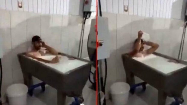 فضيحة في معمل للألبان.. الاستحمام بالمكان الخطأ