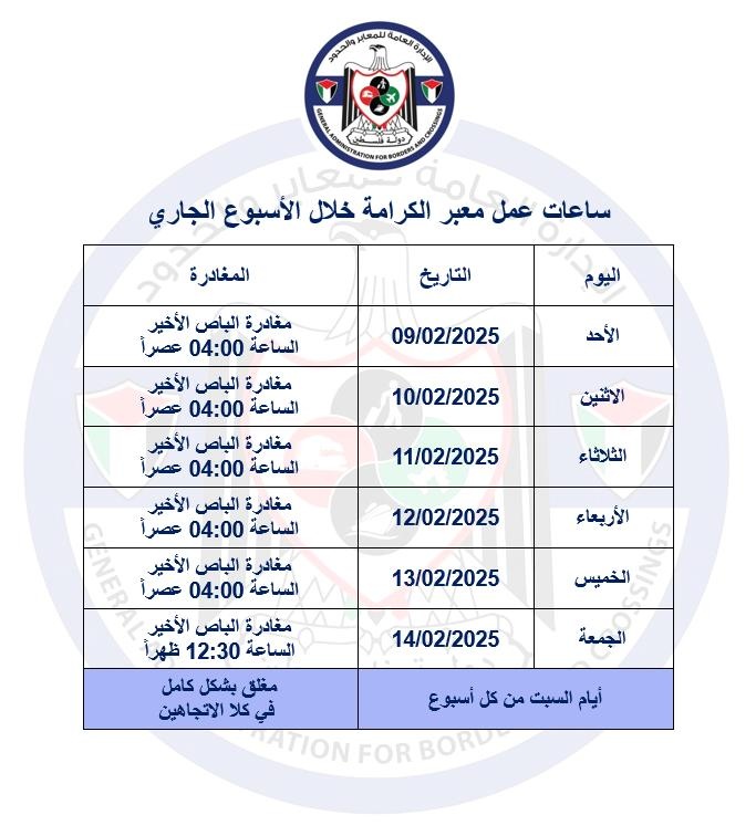 ساعات عمل معبر الكرامة خلال الأسبوع الجاري